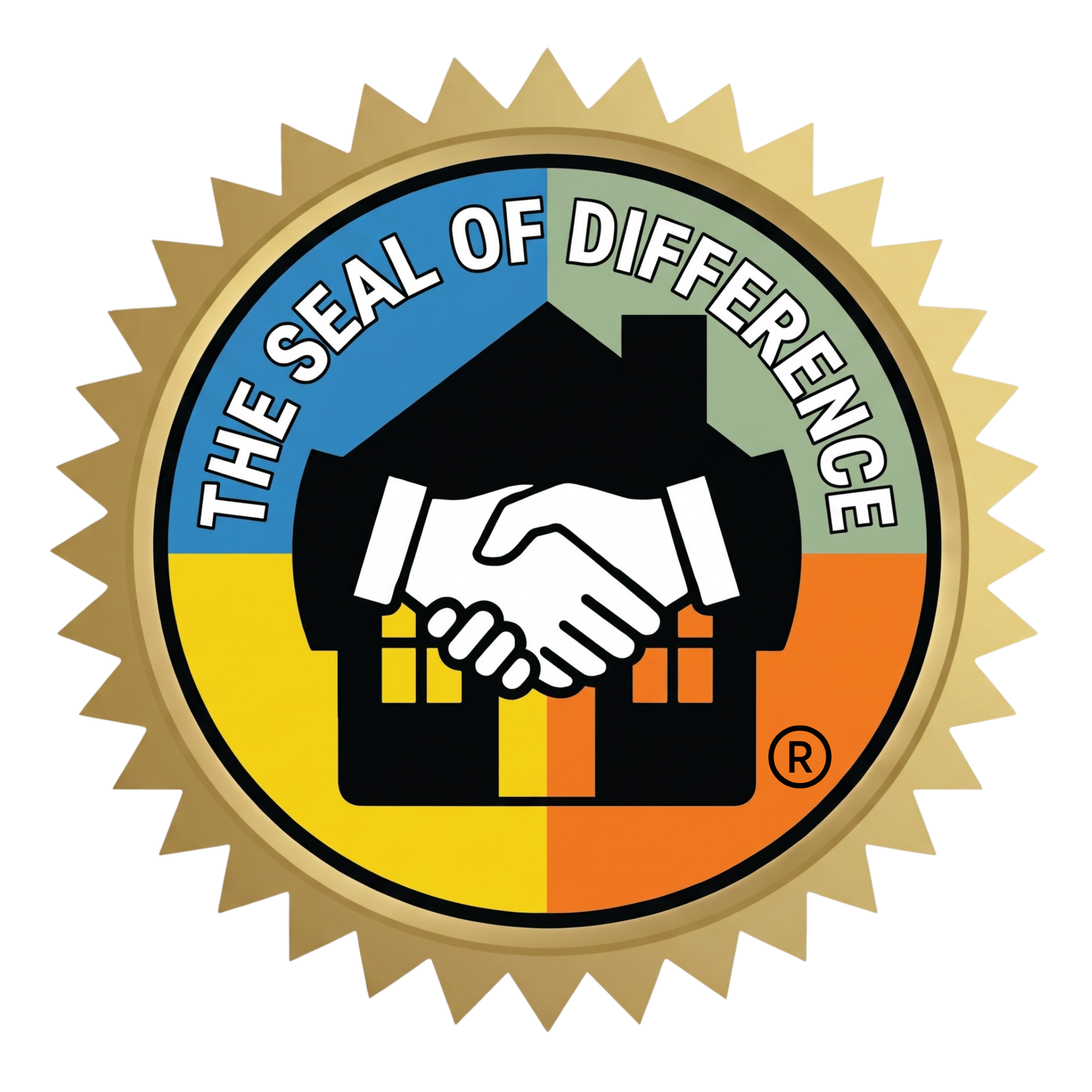 The Seal of Difference logo with a handshake over a black house and yellow-orange background