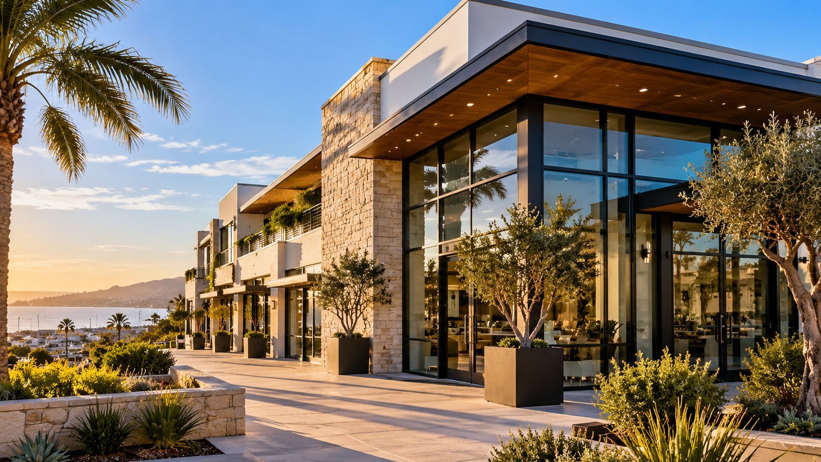 Modern glass-fronted building at sunset with palm trees, landscaped walkway, and distant water view