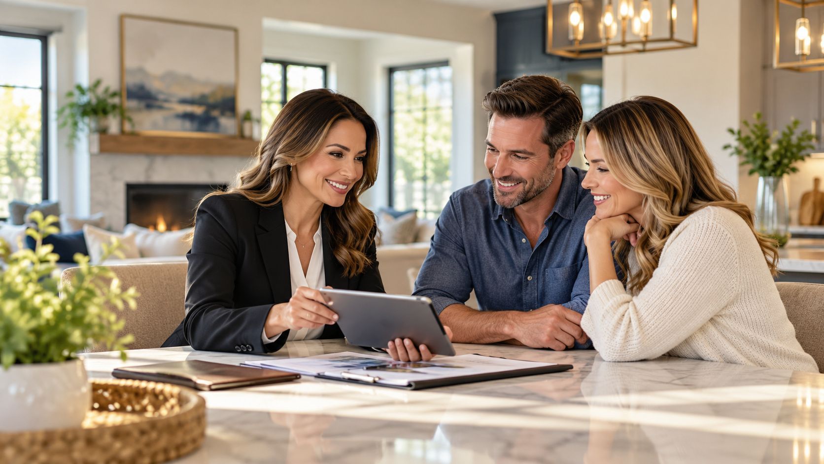 Three people smiling and reviewing a tablet at a kitchen island in a bright, modern living room