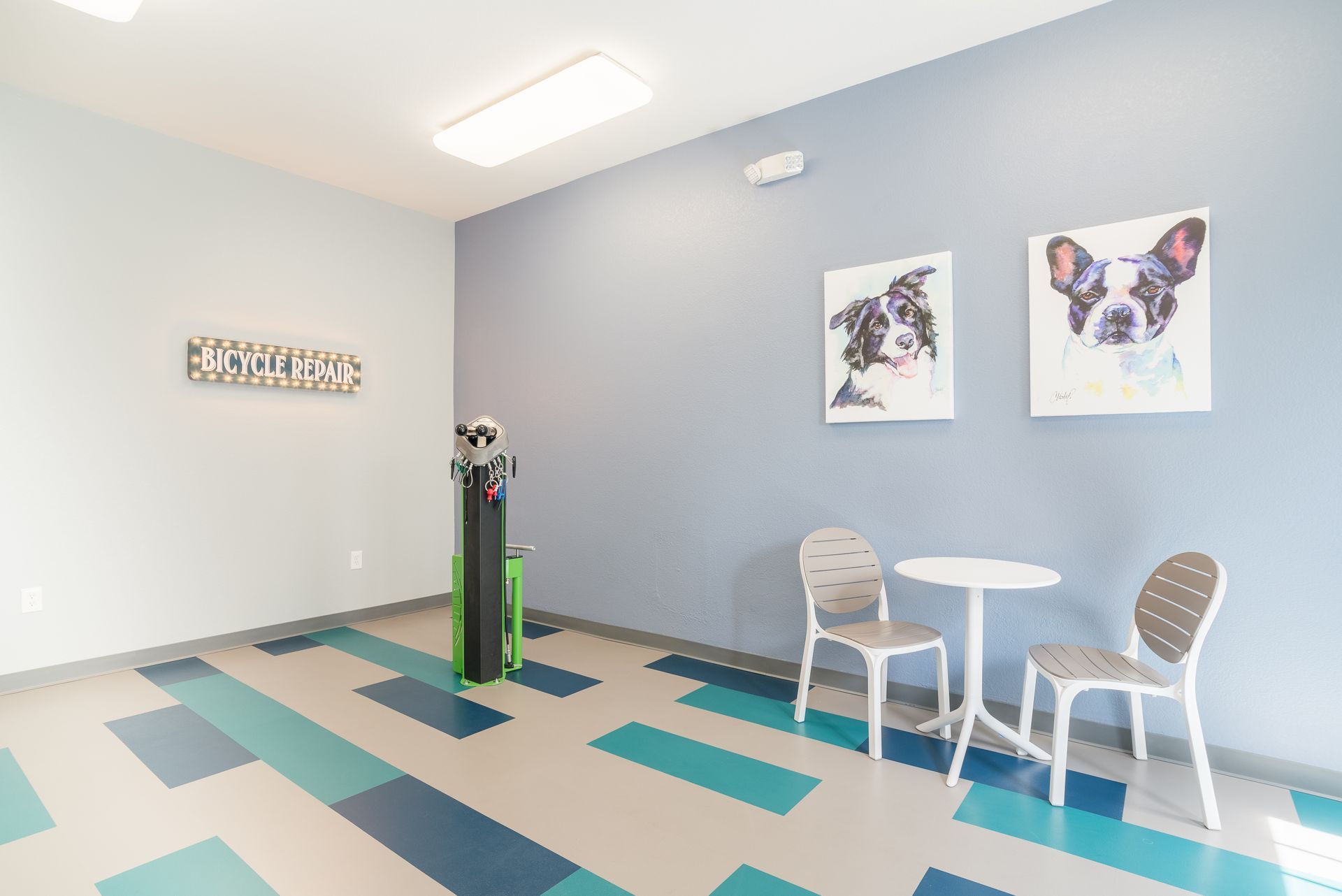 Dog-themed waiting area: blue walls, dog portraits, two chairs, small table, patterned floor, and waste station.