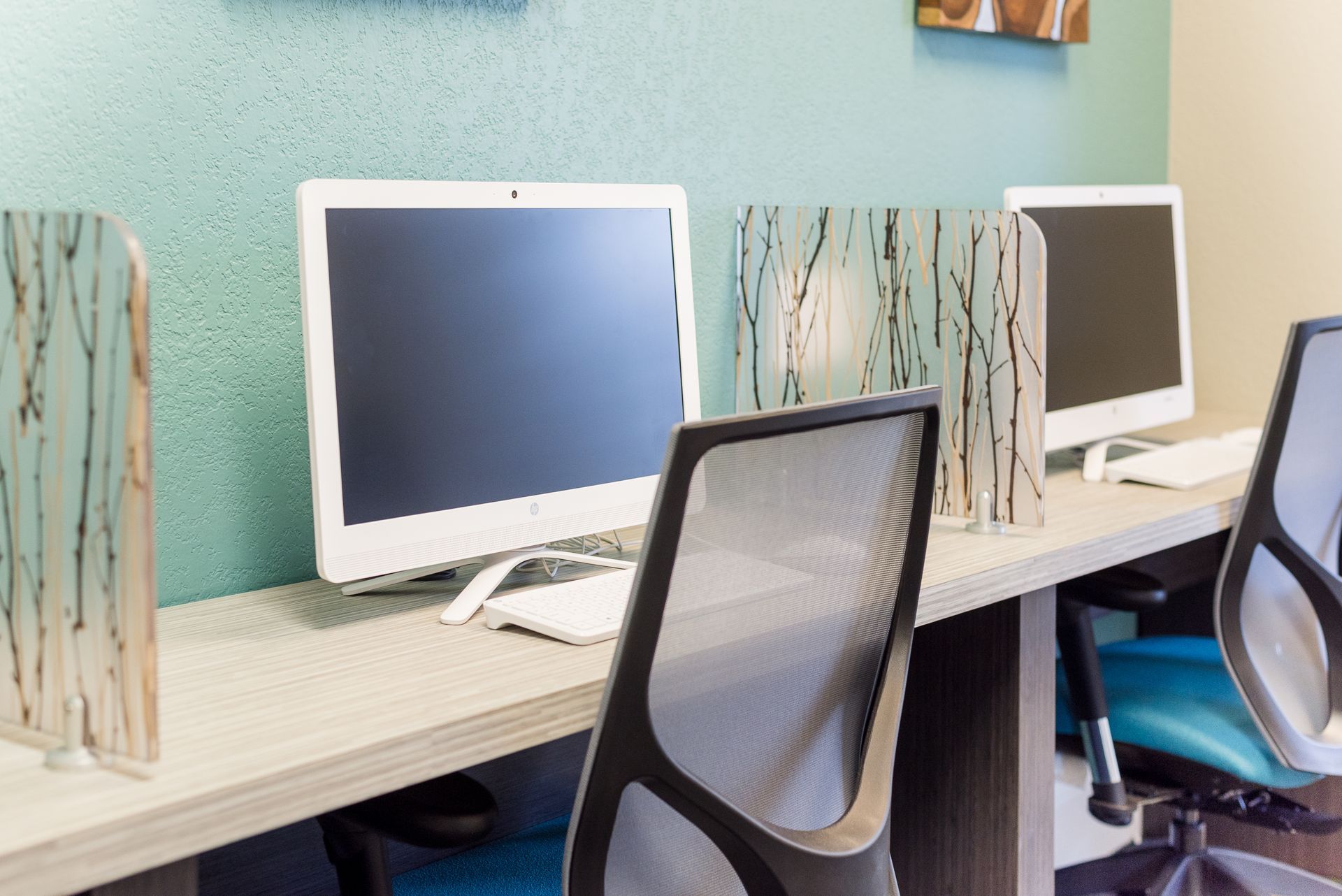 Computer workstation: Desks with monitors, decorative panels, and chairs in a business office.
