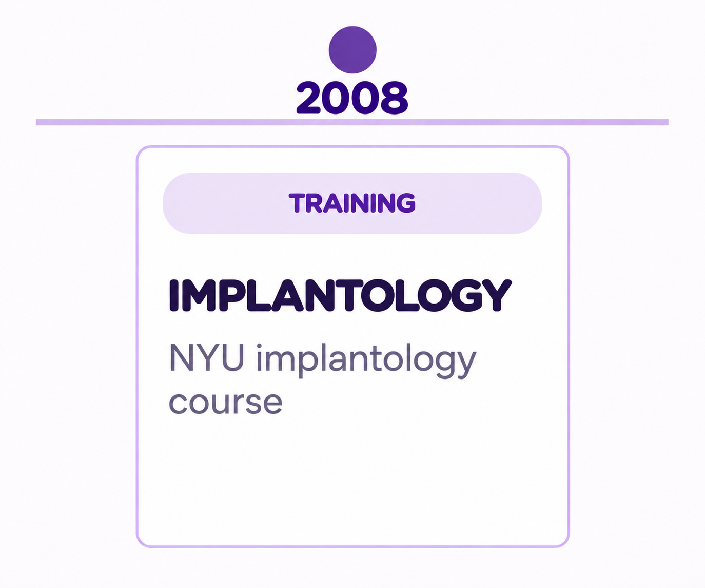 2008 training card for Implantology: NYU implantology course in purple and white