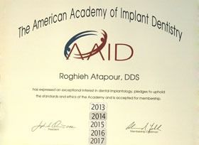 American Academy of Implant Dentistry certificate with AAID logo and dates 2013–2017