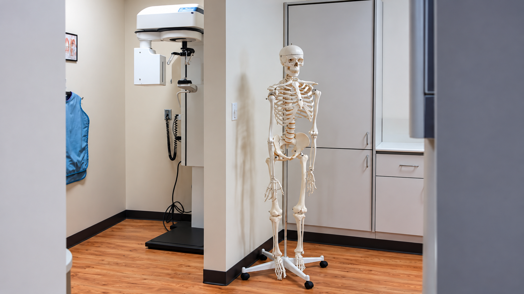 Skeleton model in a small clinic room beside a medical exam table and equipment.