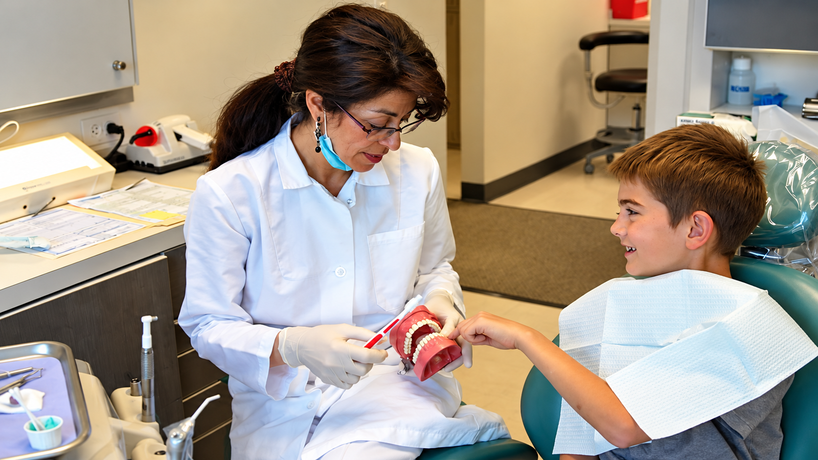Dentist examining a smiling child in a bright dental clinic
