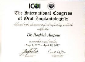 Certificate for The International Congress of Oral Implantologists, signed by Dr. Roghieh Atapour, 2016–2017