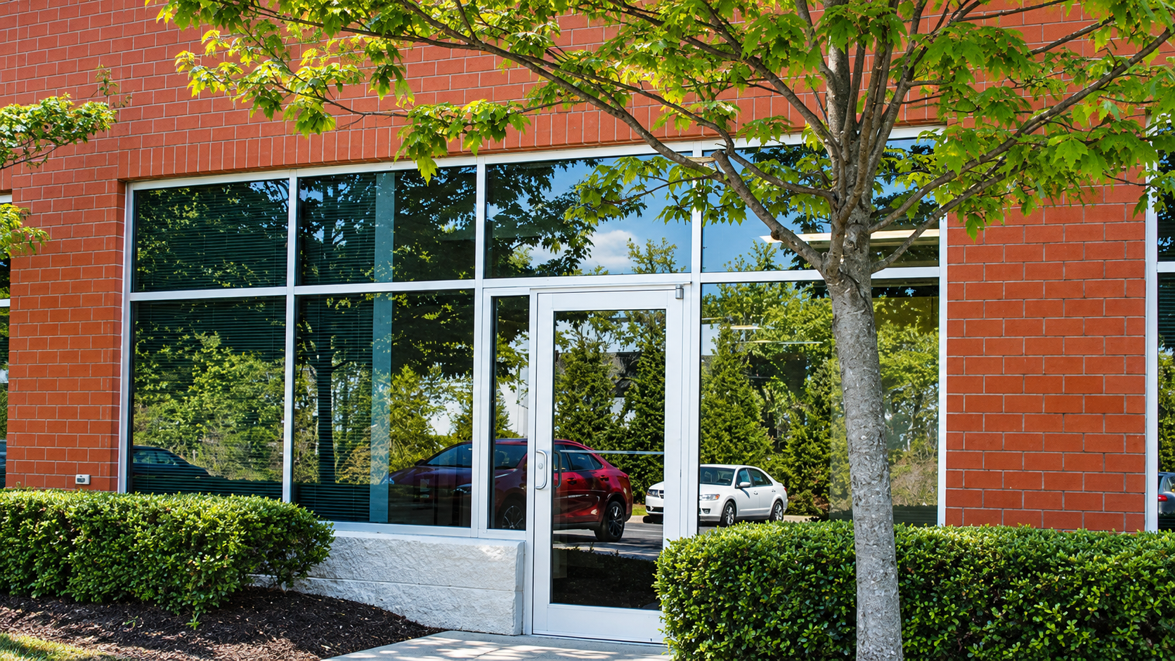 Brick office building entrance with glass doors, windows, and trees in front