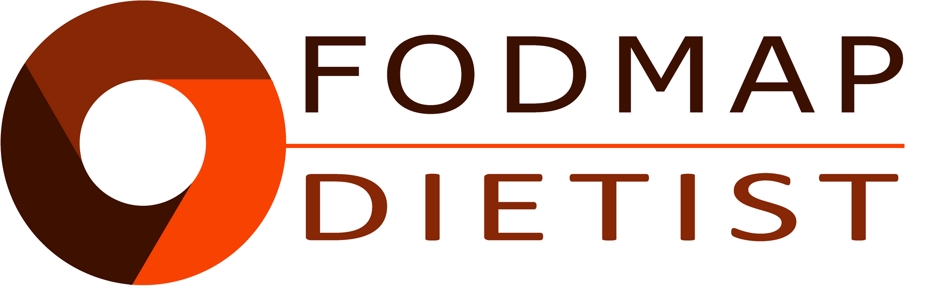 Logo voor FODMAP-diëtist. Bruin en oranje cirkelvormig pictogram, tekst