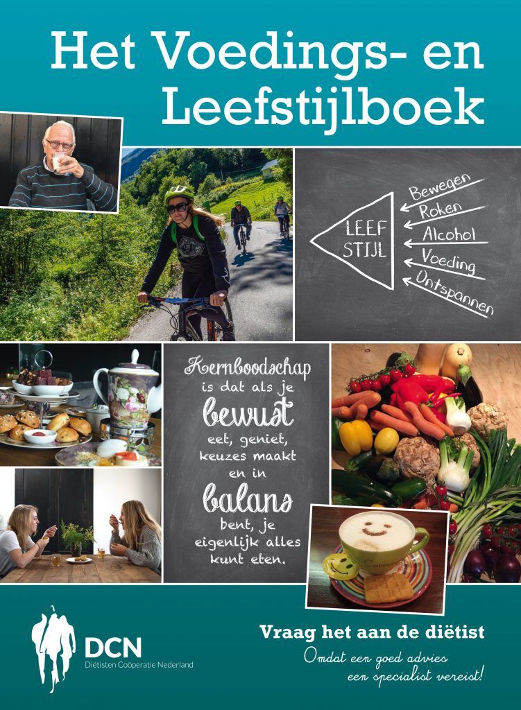 Omslag van een Nederlands boek over voeding en levensstijl, met foto's en tekst die een gezonde levensstijl promoten en advies van een diëtist bevatten.