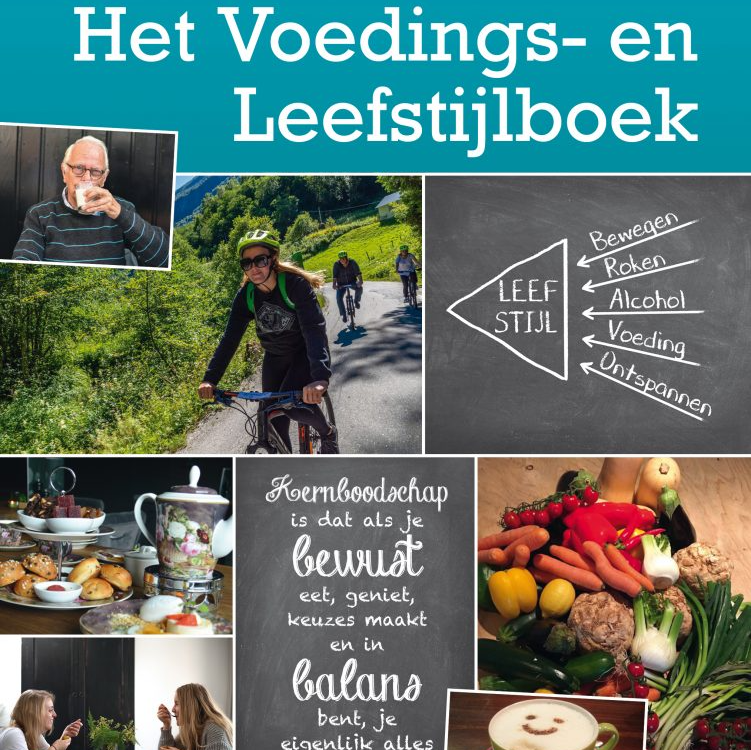 Omslag van een boek met lifestyle-tips, foto's van mensen, eten en een diagram, turquoise banner.