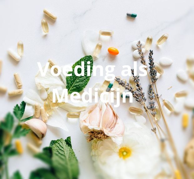 White surface with pills, herbs, garlic, and text 