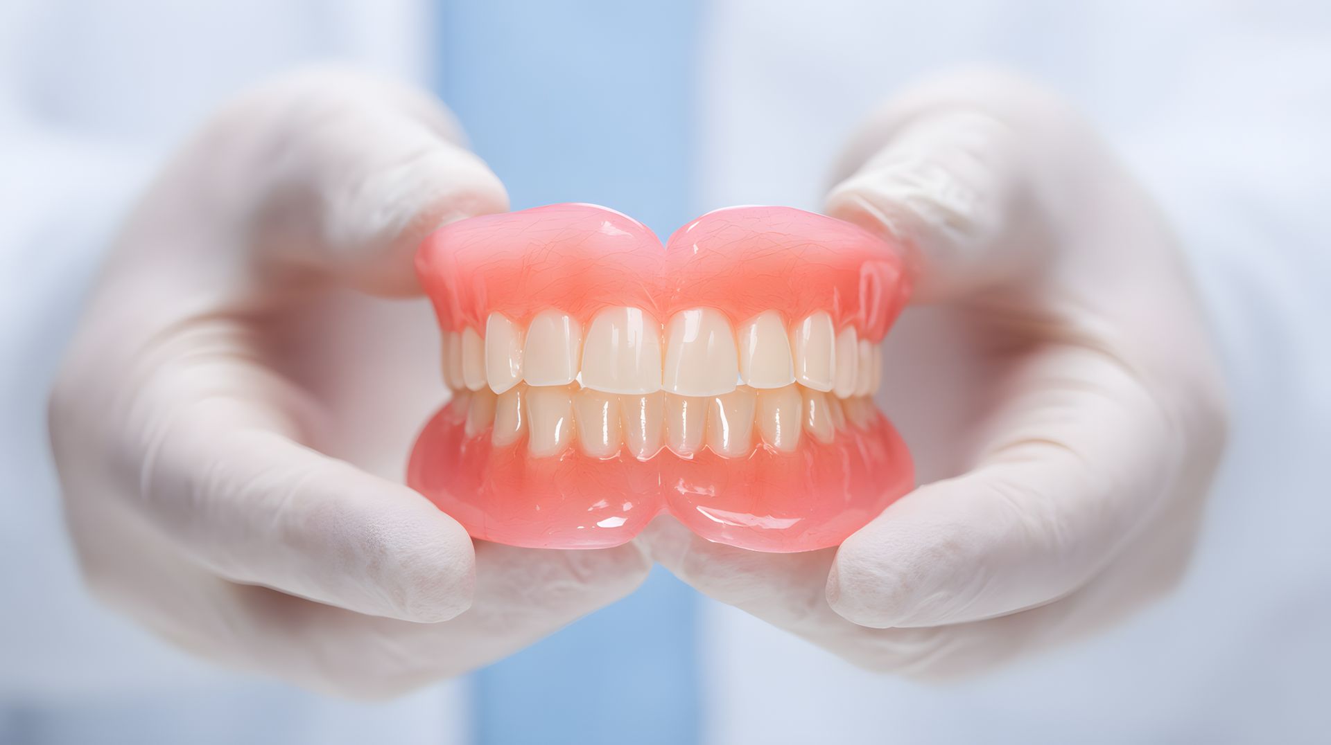 Close-up of a dentist holding a set of custom dentures with white gloves for dental care.