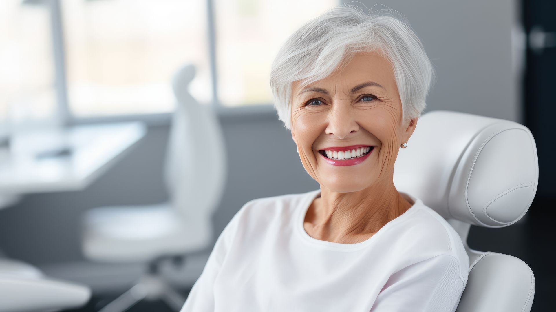 Happy senior woman smiling with natural-looking dentures while sitting in a modern dental office. Happy senior woman smiling with natural-looking dentures while sitting in a modern dental office.