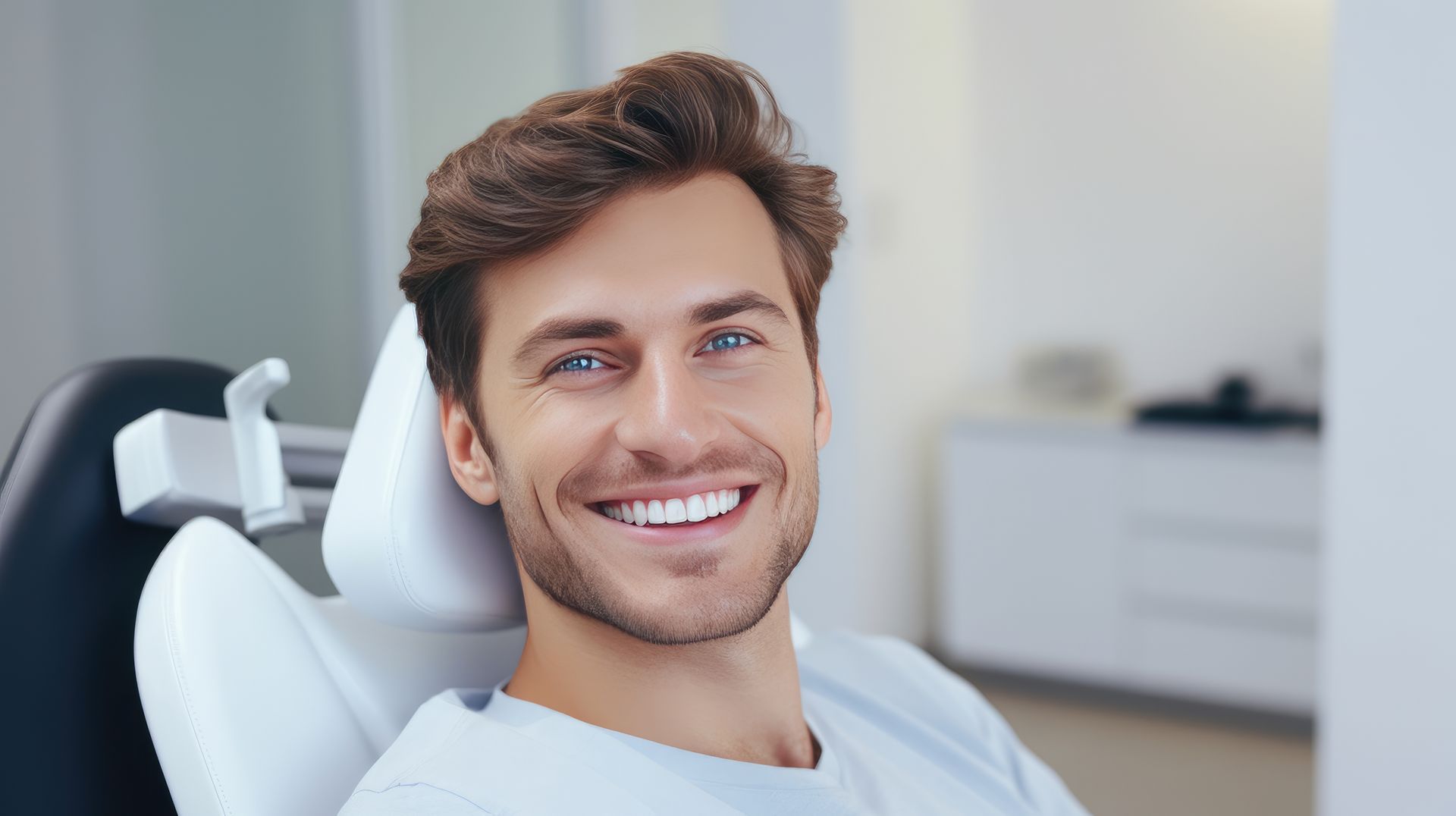 A confident young man smiling with high-quality dentures while at a professional dental appointment. A confident young man smiling with high-quality dentures while at a professional dental appointment.