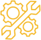 A red icon of a wrench and gears on a white background.