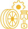 A red icon of a tire with a gear attached to it.