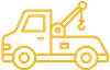 A red line drawing of a tow truck with a crane attached to it.