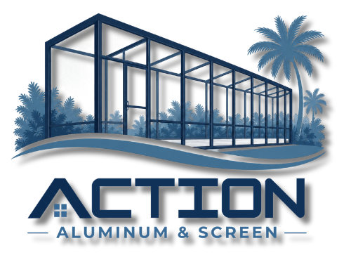 Action Aluminum & Screen logo with blue screened patio frame and palm trees