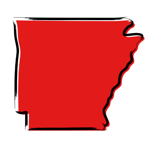 A red map of arkansas with a black outline on a white background.