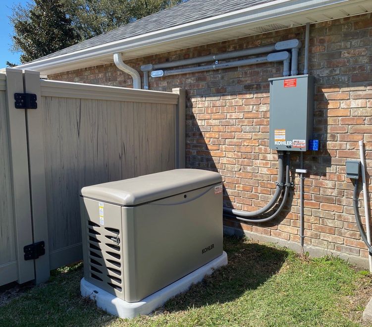 Outdoor generator beside a brick house and fence, with a gray utility box and conduit nearby.