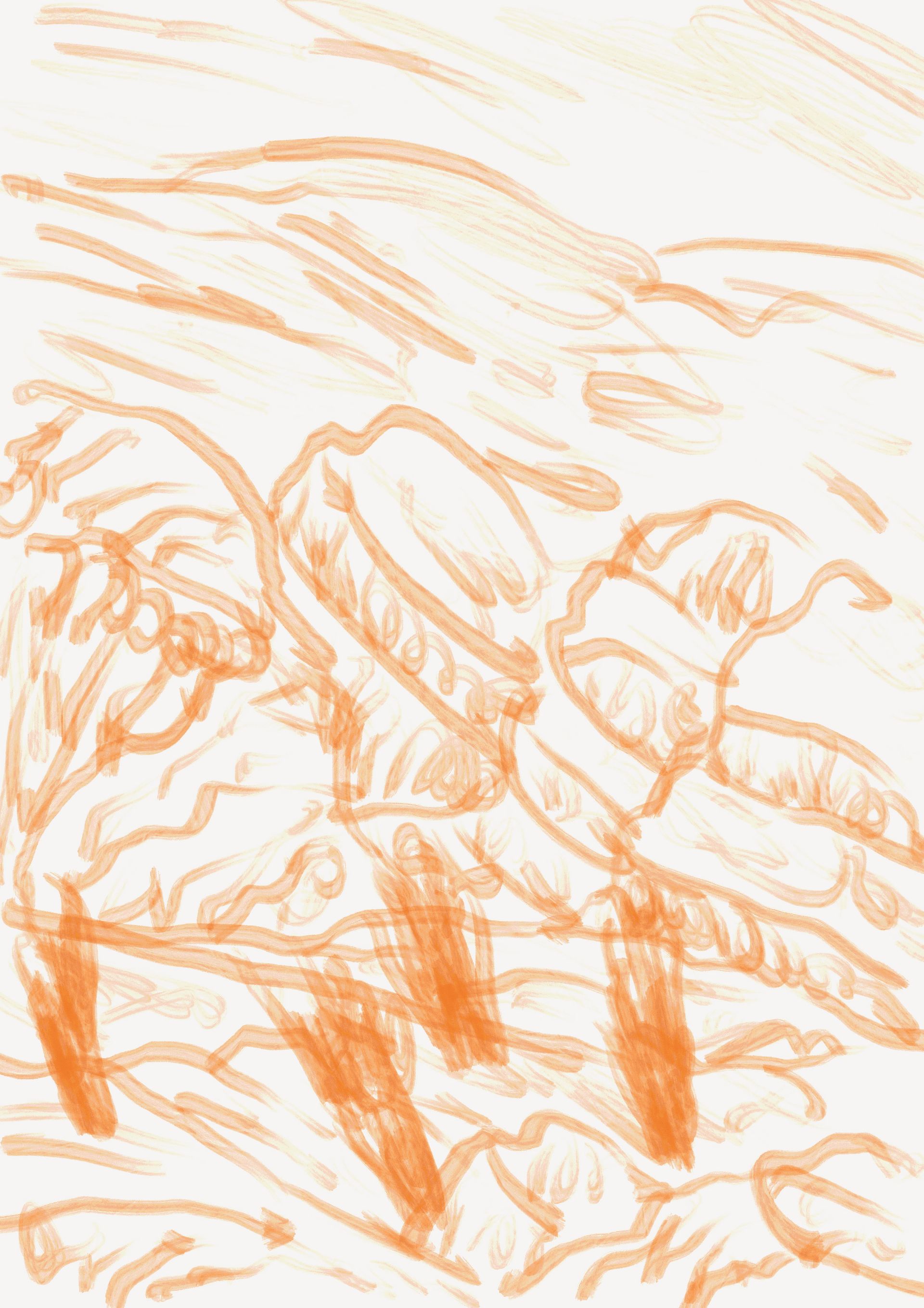 A pencil drawing of a landscape with trees and mountains on a white background.