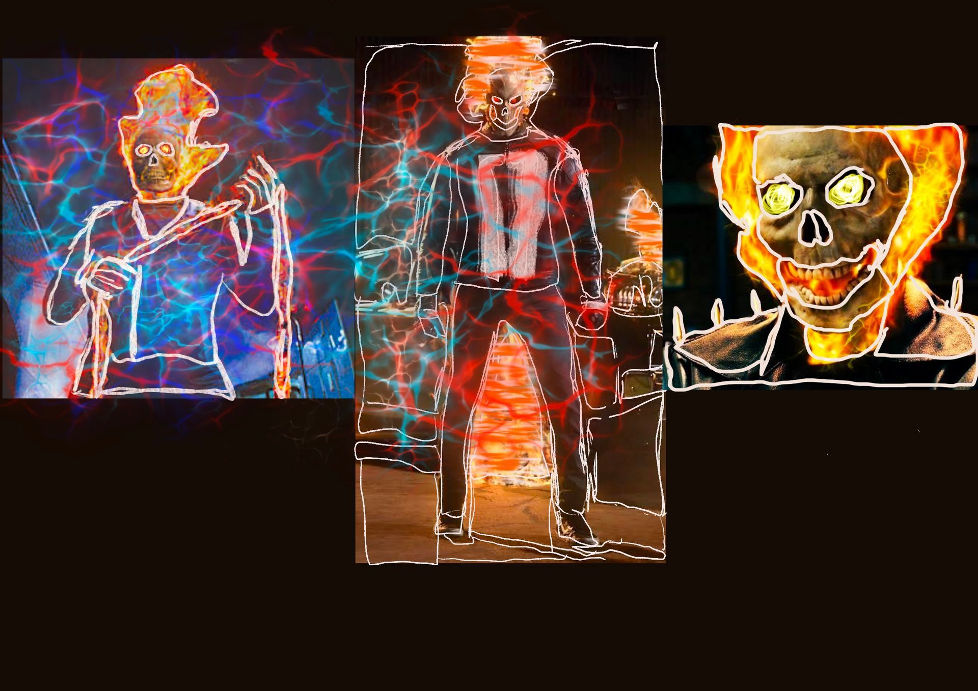 A collage of three pictures of a ghost rider with a skull on his head.