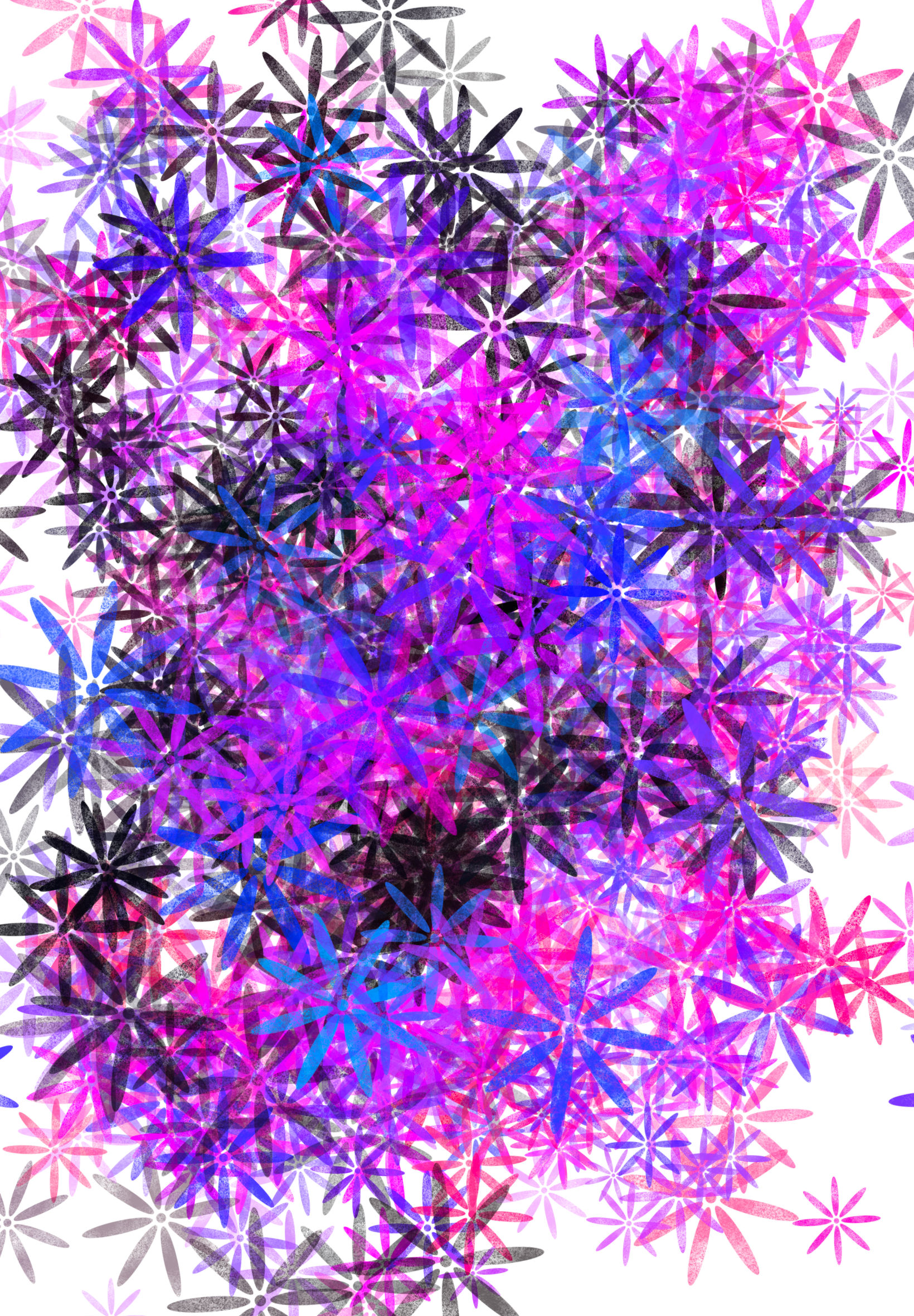 A bunch of purple and blue snowflakes on a white background.
