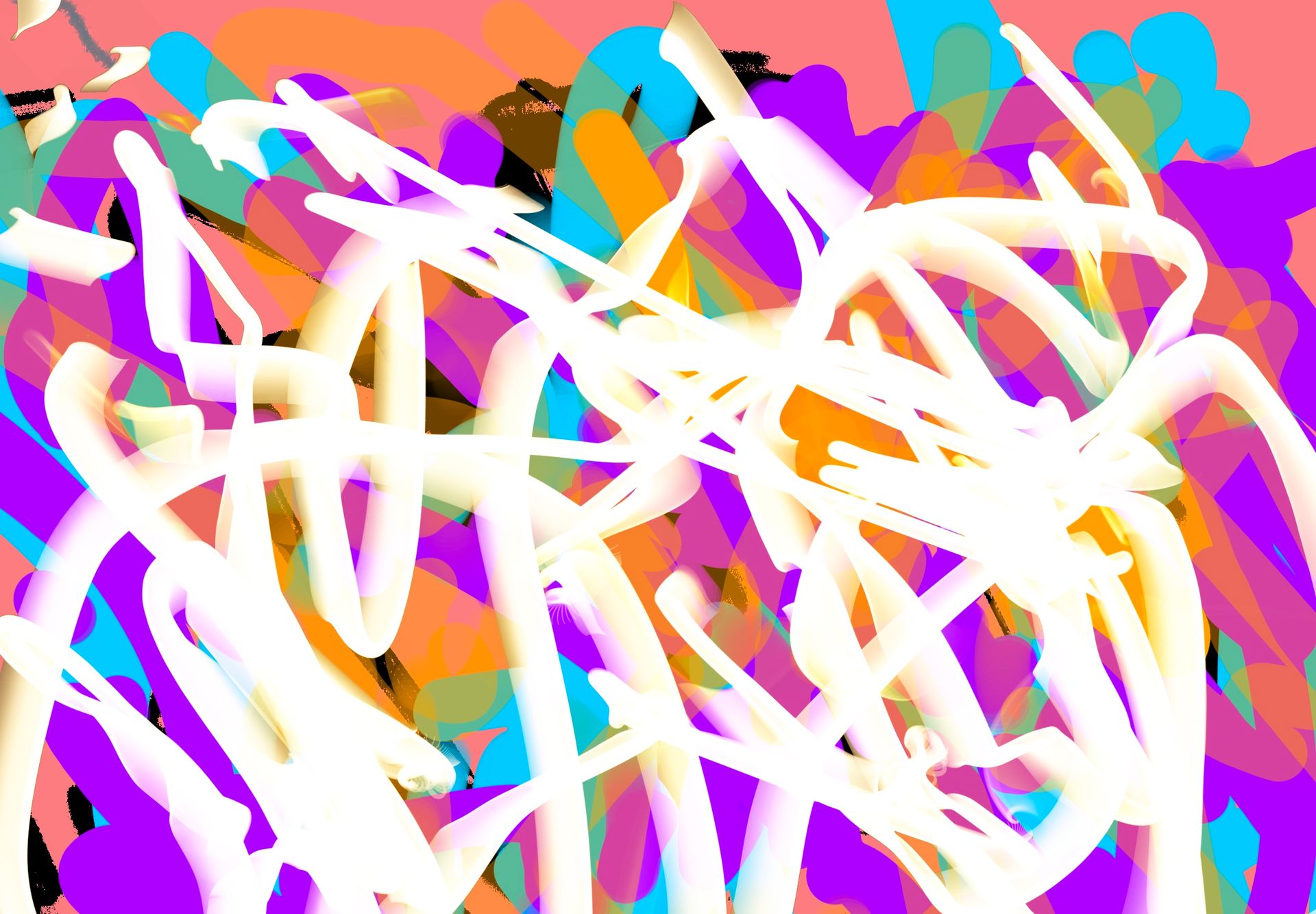 A colorful painting with white lines on a pink background