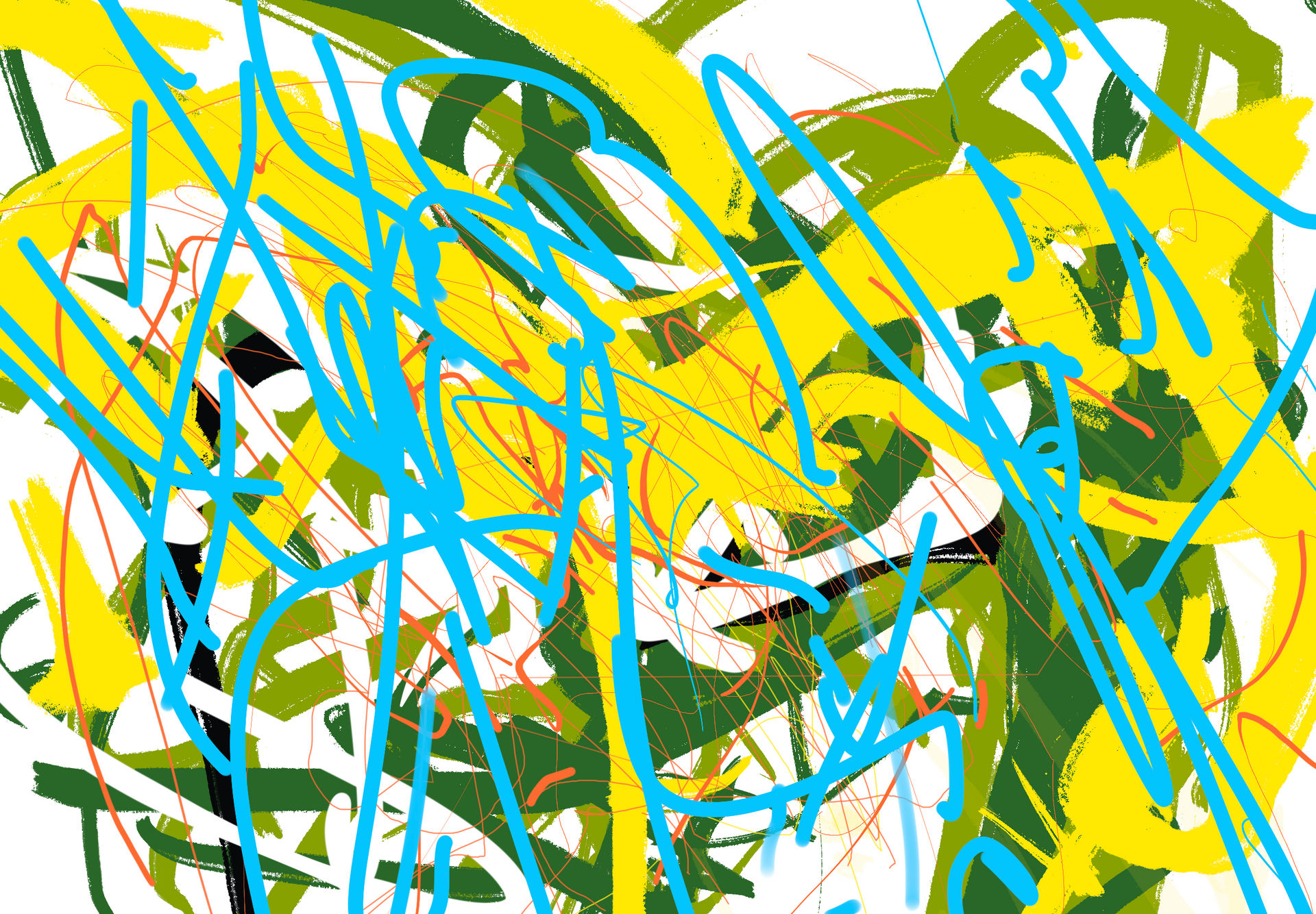 A colorful painting with yellow , green and blue lines on a white background.