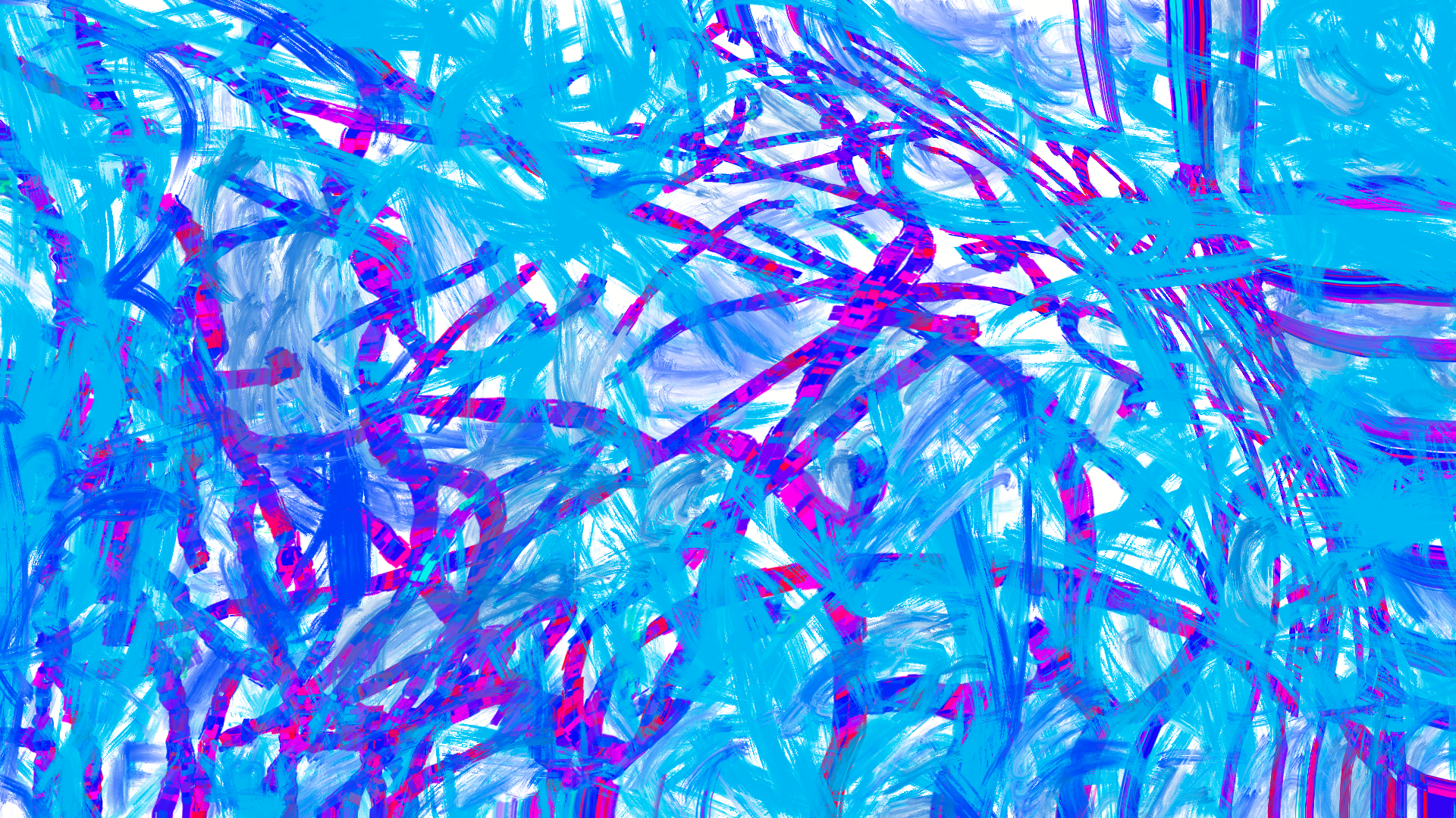 A close up of a blue and pink abstract painting on a white background.