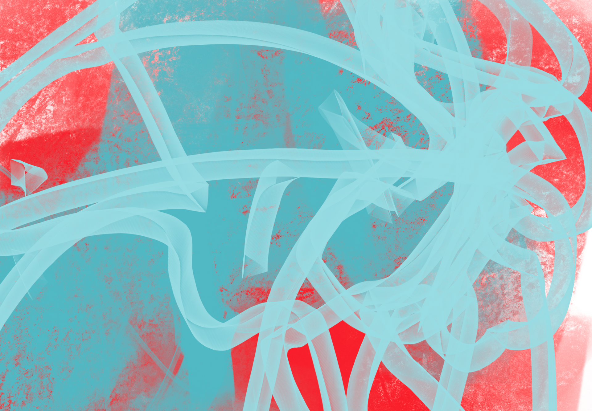 A close up of a painting of a basketball hoop on a red and blue background.