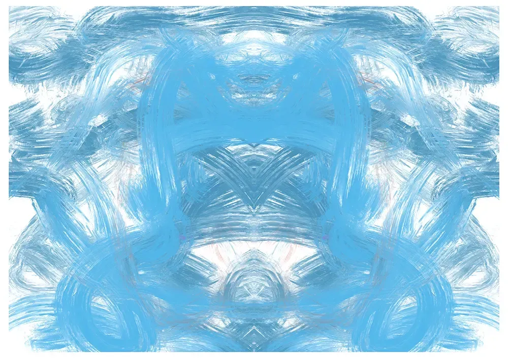 A blue and white abstract painting of a waterfall on a white background.