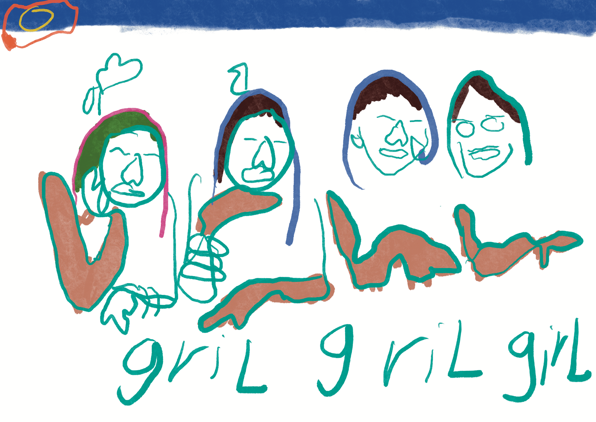 A drawing of a group of people with the words grill girl below them
