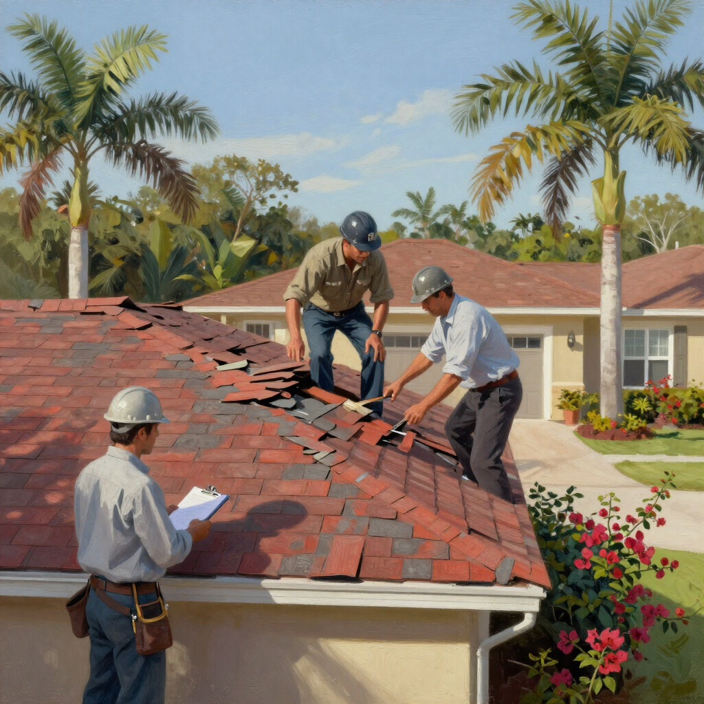 Three workers repair a red-tiled roof on a suburban house under a sunny sky.