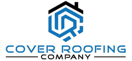 Logo for Cover Roofing Company with a blue and black roof icon.