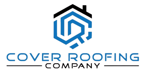 Logo for Cover Roofing Company: Blue and black geometric hexagon with roof silhouette, text 
