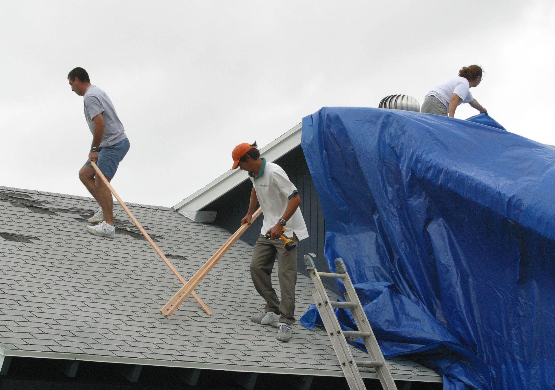 Workers roofing a house, with one on a ladder and a blue tarp covering part of the roof.
