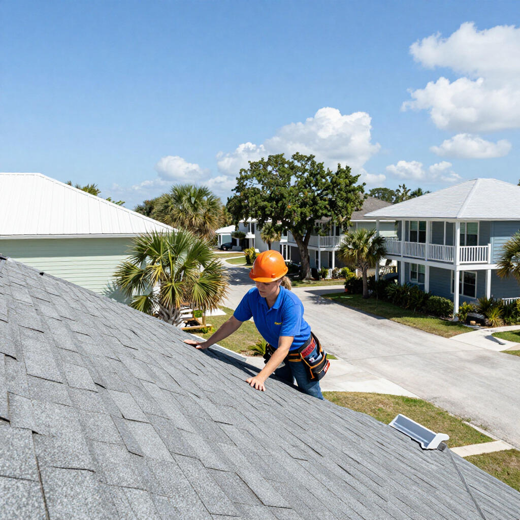 Worker in orange hard hat repairing gray shingle roof on a sunny suburban street