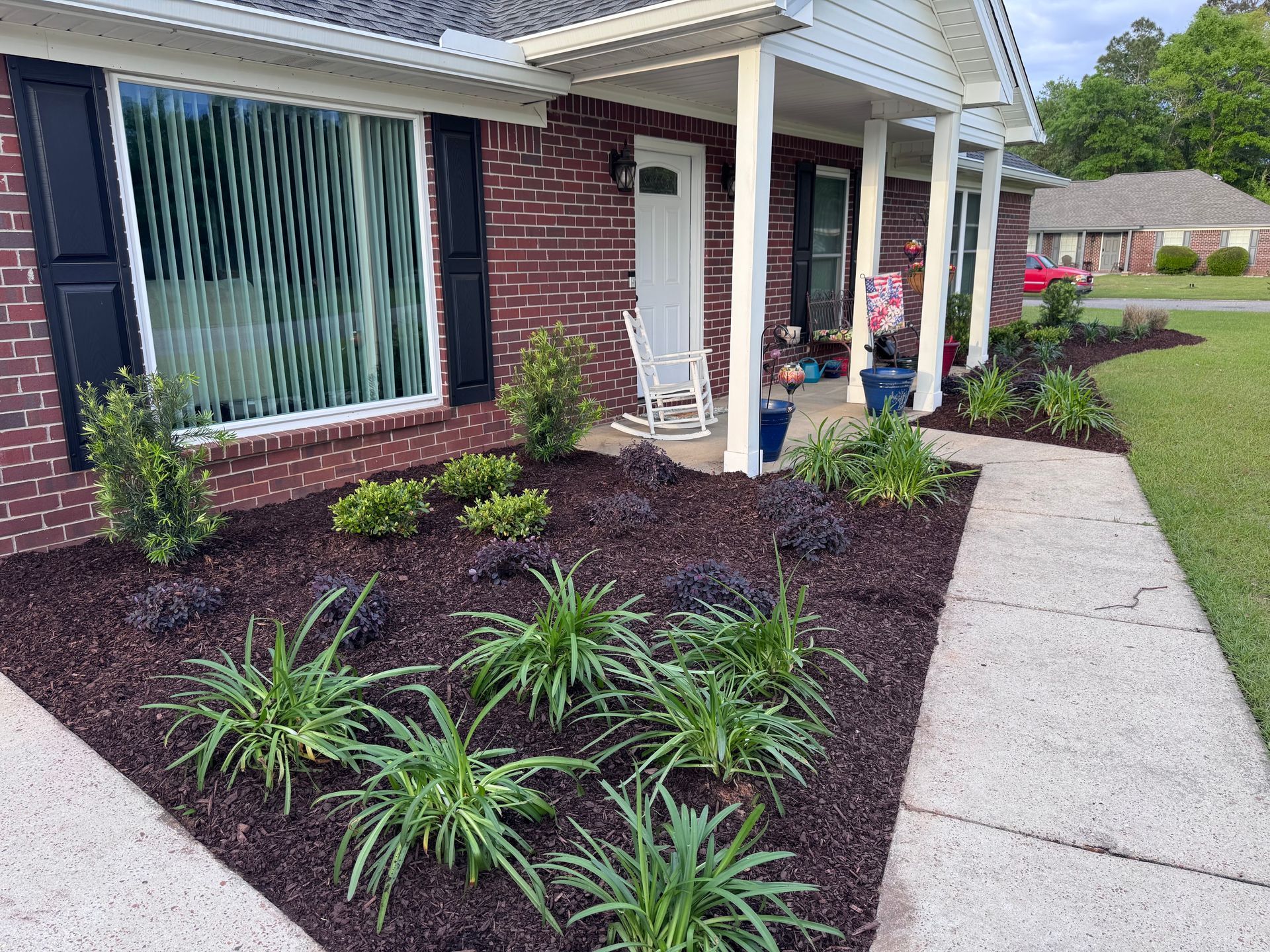 Front yard landscaping with mulch, green shrubs, and a concrete walkway beside a brick house