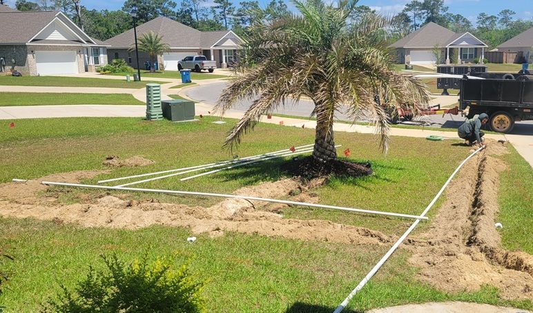 Front yard landscaping with a small palm tree, fresh sod, irrigation lines, and a truck parked by the curb.
