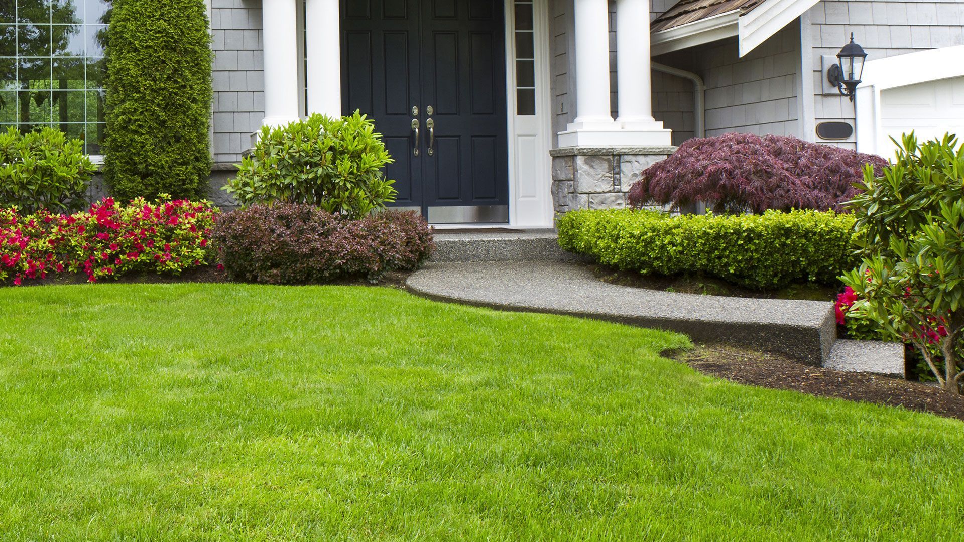 Front yard garden with green lawn, colorful shrubs, and a house entrance with dark double doors