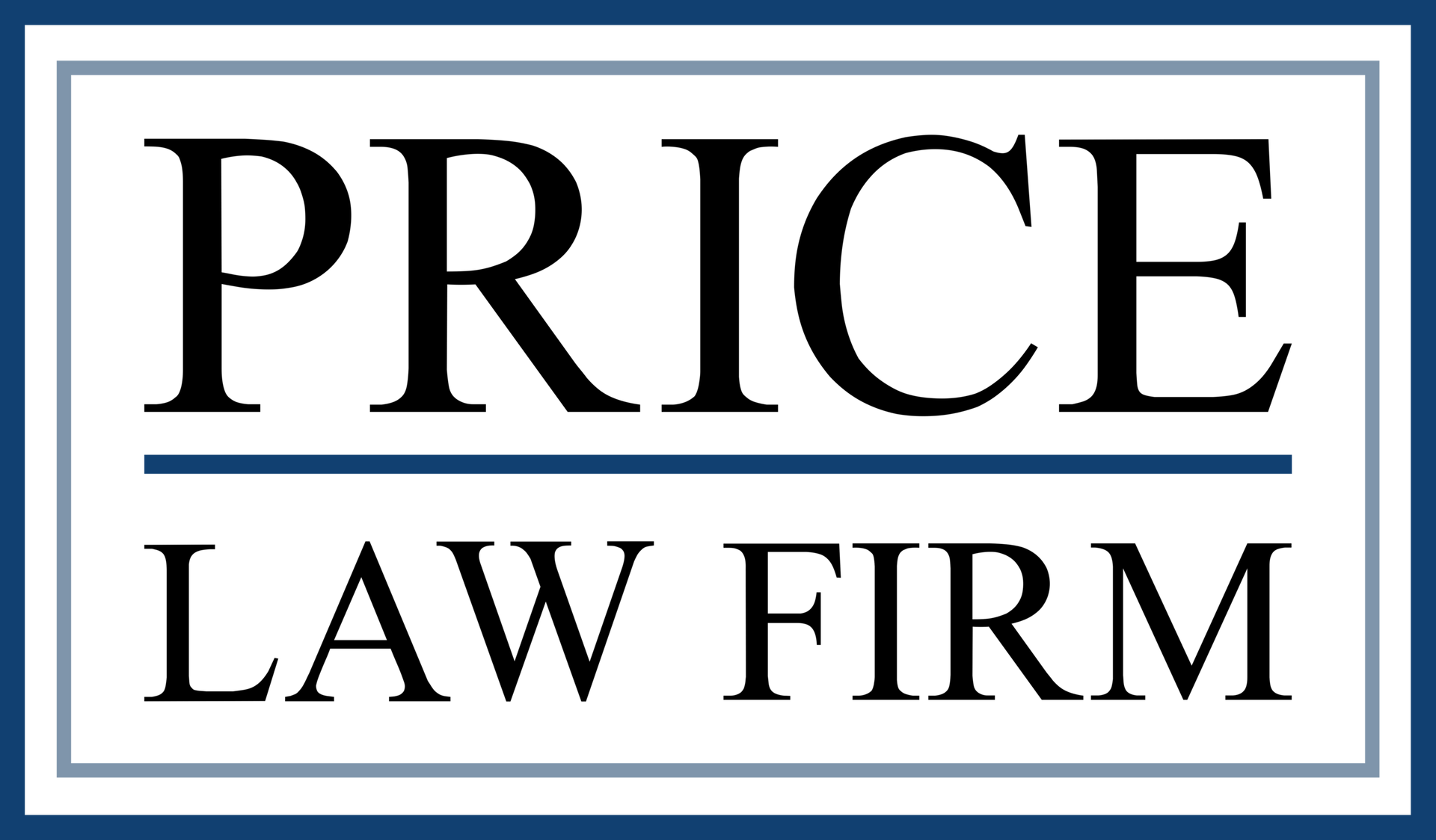 The logo for price law firm is blue and white