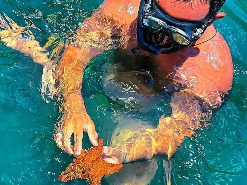 Uma pessoa usando máscara de mergulho segura uma estrela-do-mar laranja enquanto está submersa em água cristalina e turquesa.