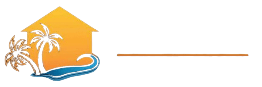 Logotipo apresentando o contorno de uma casa laranja com palmeiras e uma onda azul, acima de uma linha horizontal.