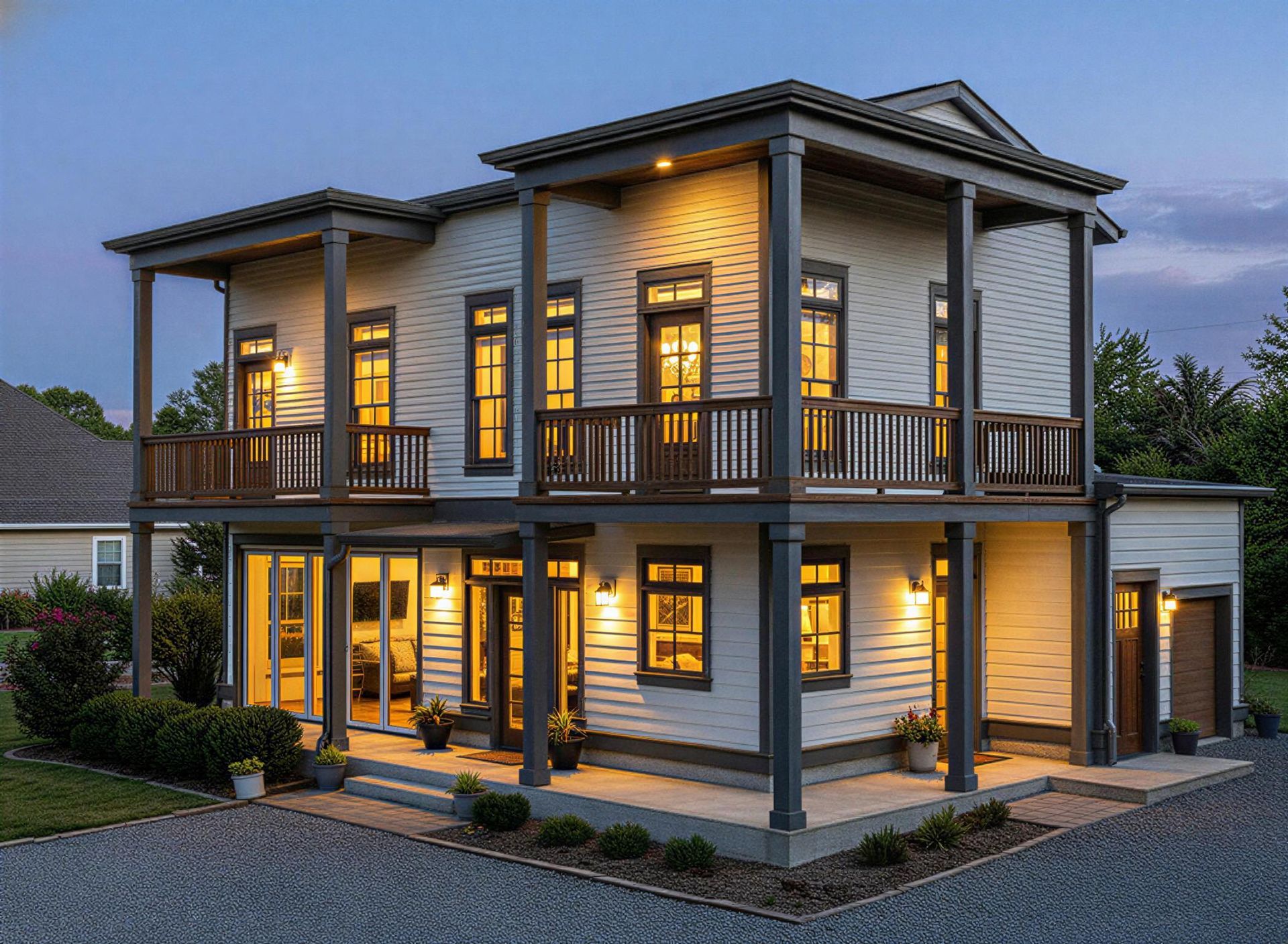 Two-story light-colored house with balconies and dark trim at dusk, lit interior, gravel driveway.