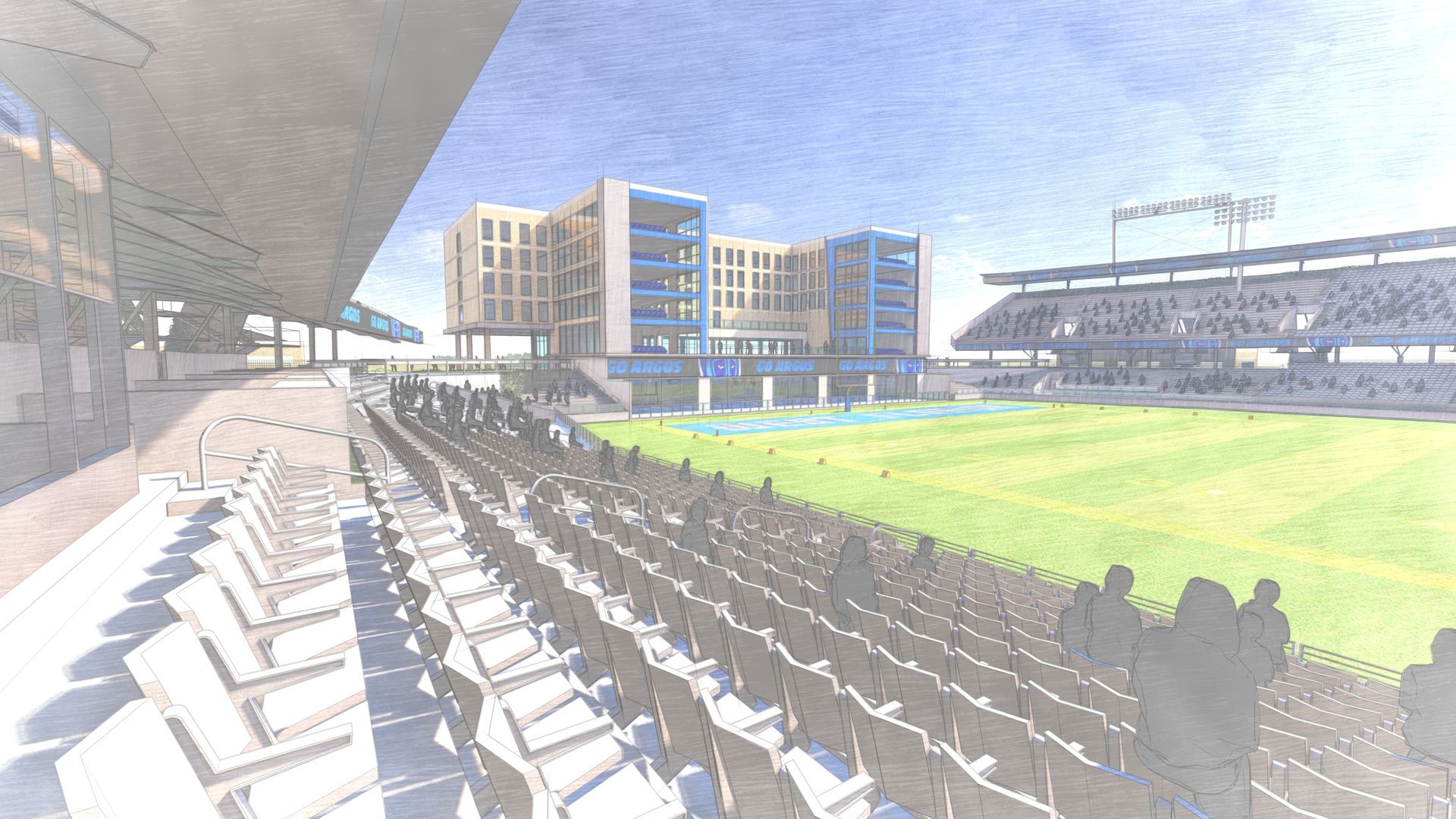 Stadium rendering with new building behind the field, rows of seats, and crowd silhouettes.
