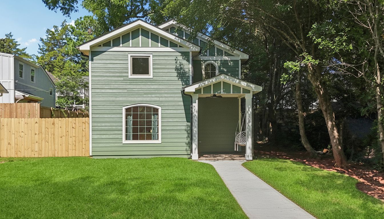 Two-story house with green siding, white trim, and a small porch. A gray walkway leads to the front door.