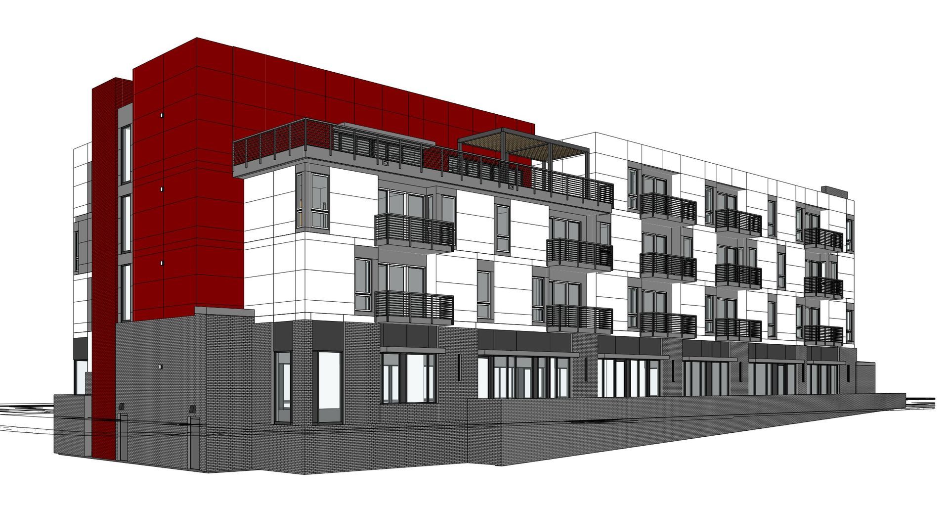 Modern multi-story building with a red facade and gray and white details, balconies.