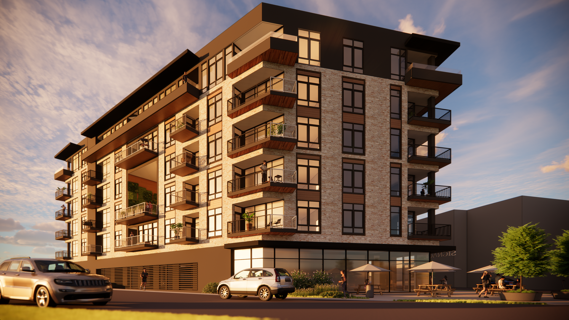 Multi-story modern apartment building with balconies, awnings, and a garage. Two cars parked out front.