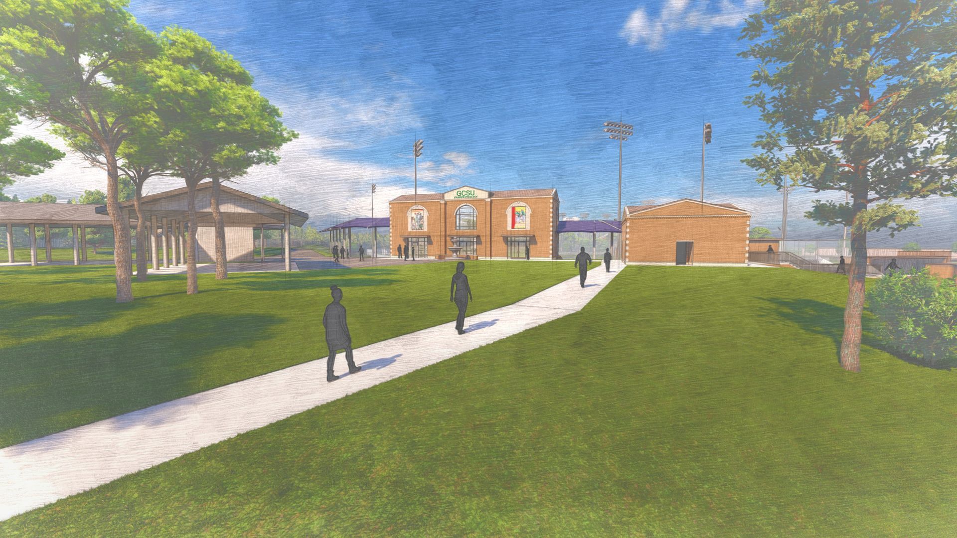 Rendering of a park with a stadium in the background; pathway with people walking on green grass; trees and a pavilion.